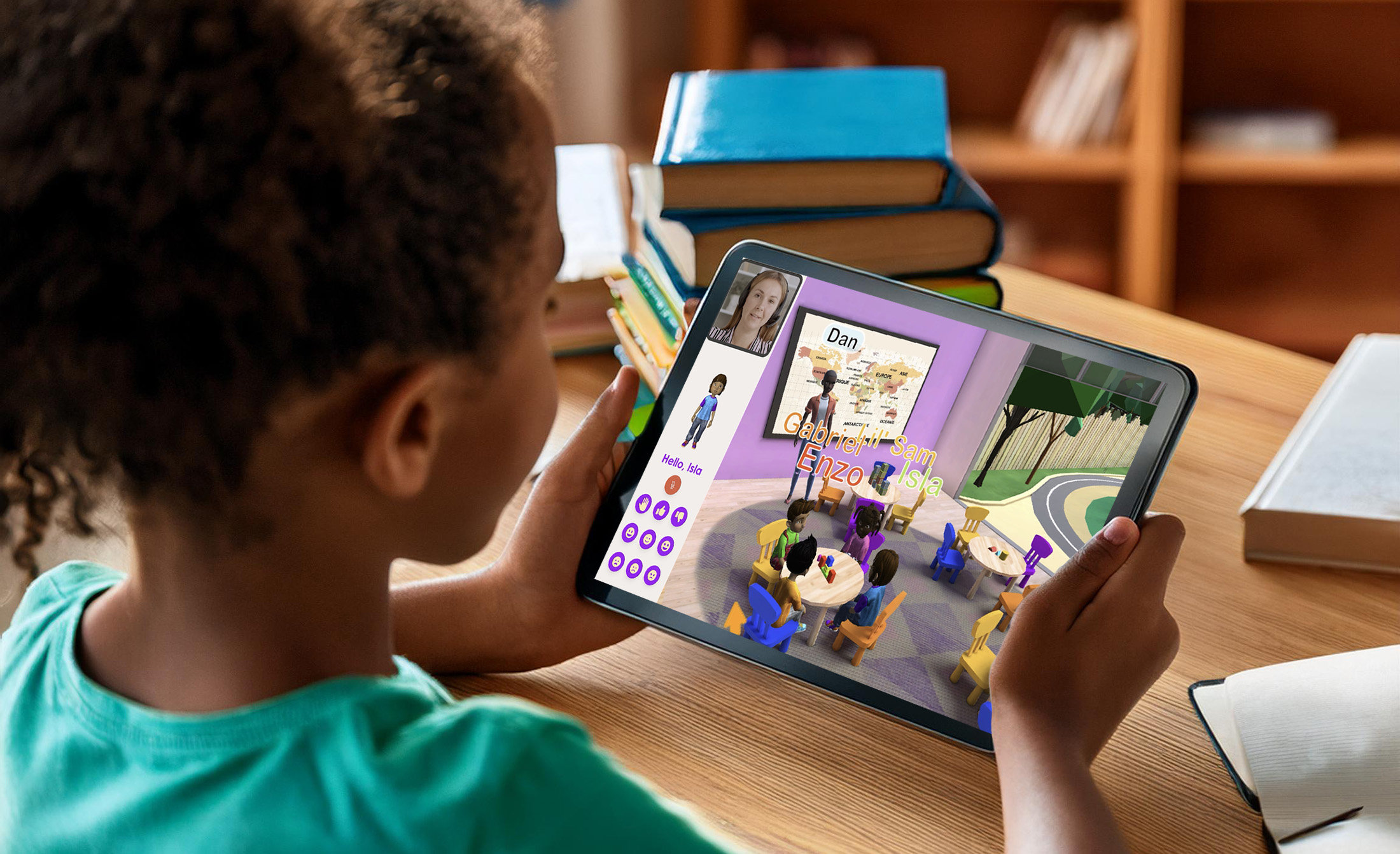 A child using a tablet to interact with a Meta Lingo virtual classroom, viewing characters and a map.